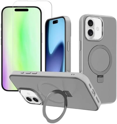 Backcover met onzichtbare standaard [Compatibel met MagSafe] Schokbestendig Hoesje - Geschikt voor: Apple iPhone 17 - Grijs + 2x Screenprotector