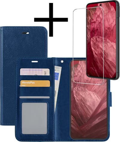 Hoesje - Met Screenprotector - Geschikt voor Google Pixel 8a - Luxe Pasjeshouder - Bookcase Portemonee - Flip Case - Kunstleer Book Case - Flipcase - Book Cover - Walletcase - Portemonneehoes - Donkerblauw