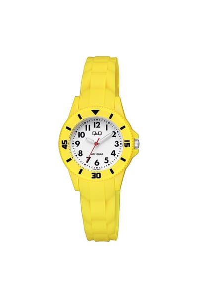 Q&Q V26A-002VY - Horloge - Sport - Analoog - Kinderen - Unisex - Plastic band - Rond - Kunststof - Cijfers - Geel - Wit - 10 ATM