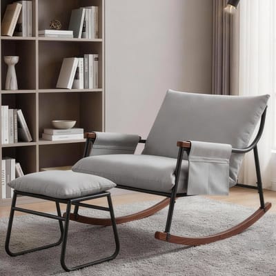 HomeMiYN Schommelstoel - Comfort Serie - Enkele Houten Armstoel voor Volwassenen - Comfortabele Woonkamer Schommelstoel - Wonen Relax Stoel - Lichtgrijs Tech Fabric