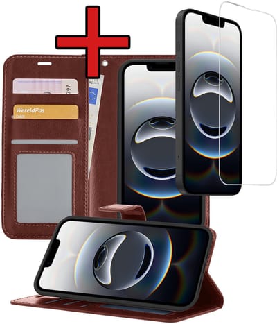 Hoesje - Met Screenprotector - Geschikt voor Apple iPhone 16e / 17e - Luxe Pasjeshouder - Flipcase - Bookcase Portemonee - Flip Case - Kunstleer Book Case - Book Cover - Walletcase - Portemonneehoes - Telefoonhoes - Bruin
