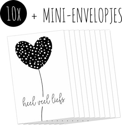 10x Minikaartjes + Mini-envelopjes | HEEL VEEL LIEFS | kleine kaartjes met kraft enveloppen | wit & zwart