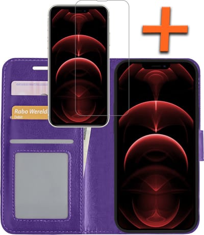 Hoes - Met Screenprotector - Geschikt voor Apple iPhone 14 Pro - Luxe Pasjeshouder - Bookcase Portemonee - Flip Case - Kunstleer Book Case - Flipcase - Book Cover - Walletcase - PortemonneeHoes - Paars