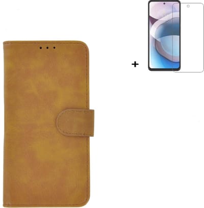 Hoesje Geschikt voor Motorola Moto G50 - Screenprotector Motorola Moto G50 - Bookcase Wallet Bruin Cover + Tempered Glass