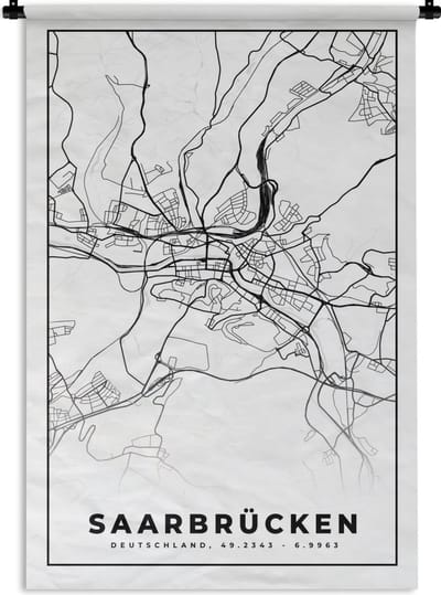 Wandkleed - Wanddoek - Saarbrücken - Plattegrond - Stadskaart - Kaart - 120x180 cm - Wandtapijt