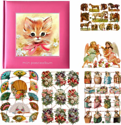 Poëziealbum - 16x16 - Roze - Poes met roze strik - met 5 vellen Poëzieplaatjes - Versjes - Gedicht - Cadeau - Sint - Geschenk - Knutselen - Hobby - Creatief - Scrapbook - Poezie