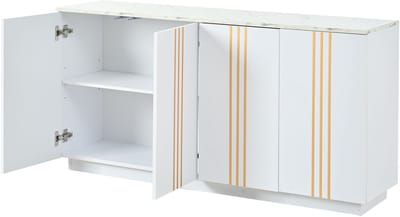 FloraGrace Dressoir - Opbergkast Met 4 Deuren En Verstelbare Indeling - Voor Woonkamer En Hal - Spaanplaat - 140x35x70 Cm - Wit Goud