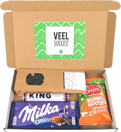 "Veel succes" brievenbus cadeau - Dropmix - Milka oreo - Borrelnootjes - Pepermunt - succes cadeau - Examen - Nieuwe baan - Rijbewijs - Nieuwe uitdaging - Succes en Geluk