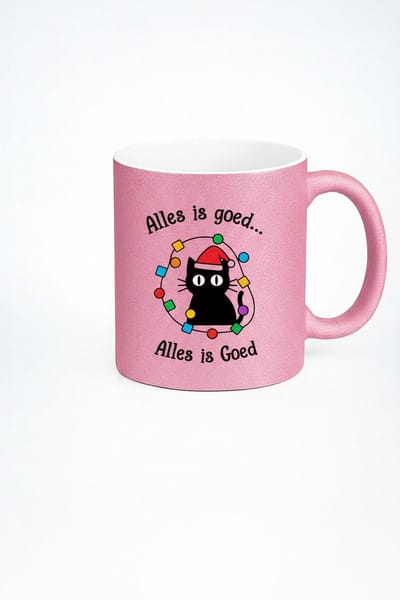 Alles Is Goed Kerst Kat Mok 330ml – Roze Keramische Koffiemok met Schattige Kerstkat & Kerstverlichting – Grappig Nederlands Feestdagen Cadeau