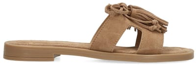 Manfield - Dames - Beige suède slippers met franjes - Maat 36