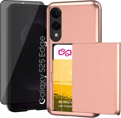Hoesje met Pasjeshouder geschikt voor Samsung Galaxy S25 Edge - Privacy Screen Protector FullGuard - Back Cover SlideCase Roségoud & Screenprotector