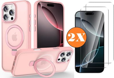Hoesje Geschikt voor iPhone 16 Pro Max MagSafe Hoesje met Ring Stand Rose Goud - Hoesje MagSafe iPhone 16 Pro Max Screenprotector Gehard Glas 2X