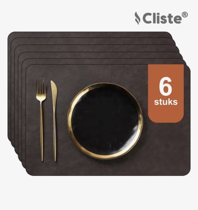 Cliste Leren Placemats Set van 6 - Afwasbaar & Waterafstotend - Hittebestendig - Beschermt je tafel tegen Krassen & Vlekken - 45x30cm - Zwart