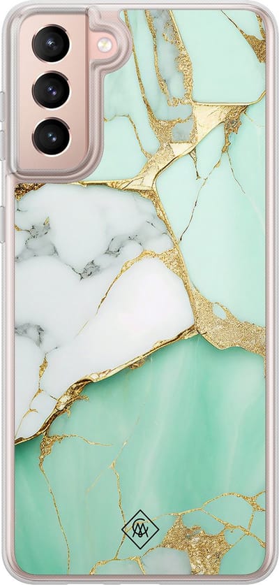 Casimoda® hoesje - Geschikt voor Samsung Galaxy S21 - Marmer Mintgroen - 2-in-1 case - Schokbestendig - Marble design - Verhoogde randen - Mint, Transparant