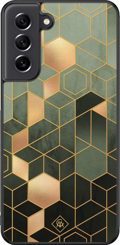 Casimoda® hoesje - Geschikt voor Samsung Galaxy S21 FE - Kubus Groen - Zwart TPU Backcover - Geometrisch patroon - Groen