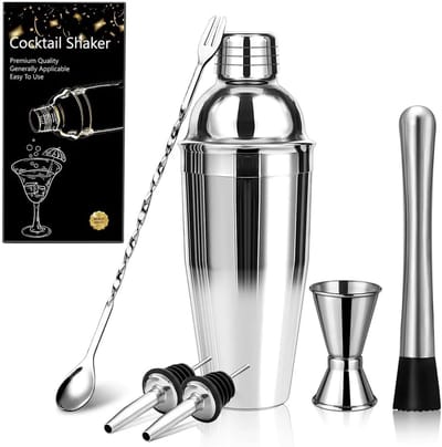 Complete Cocktail Shaker Set van RVS, 6-delig met Accessoires en Receptenkaarten voor Thuis, Bar en Feestjes, 750ml