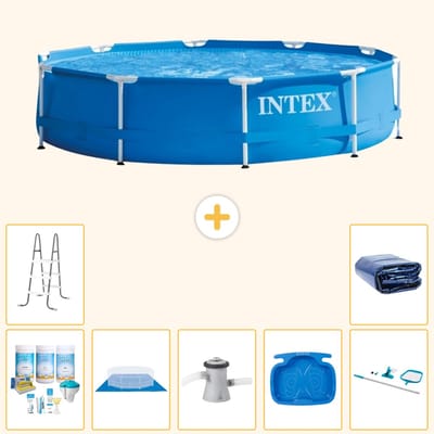 Intex Rond Frame Zwembad - 305 x 76 cm - Blauw - Inclusief Onderhoudspakket - Grondzeil - Zwembadfilterpomp - Voetenbad - Ladder - Schoonmaakset - Solarzeil - 8-delig