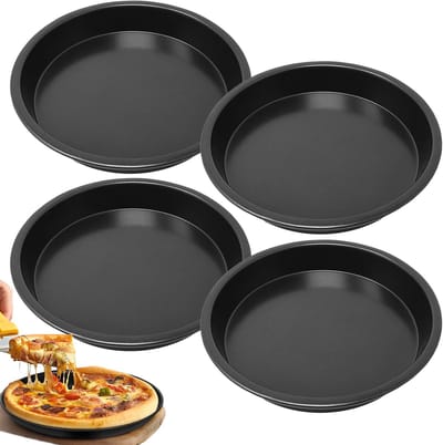 Dailygoods- Pizzaplaat Set van 4 - Diameter 18 cm - Zwarte Ronde Bakplaat - Antiaanbaklaag - Gelijkmatige Warmte - Eenvoudige Reiniging