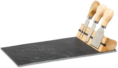 Secret de Gourmet kaasplankje cadeau set - inclusief 3x kaasmesjes - Leisteen/hout - 16 x 32 cm - serveerplank