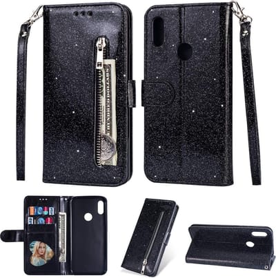 Bookcase Geschikt voor: Samsung Galaxy M11 Glitter met rits - hoesje - portemonnee hoesje - Zwart