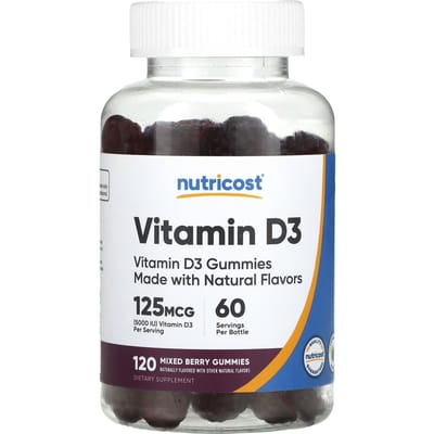 Nutricost, Gommes de vitamine D3, baies mélangées, 125 mcg, 120 gommes (62,5 mg par gummie)