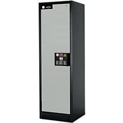 Brandveiligheidsopslagkast type 90, B 600 x D 615 x H 1953 mm, deur links 3 legborden, rooster en opvangbak grijs/lichtgrijs (RAL 7035)