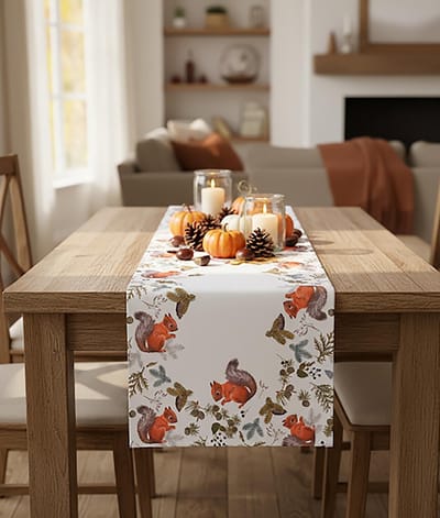 Dailygoody - Tafelloper - Herfstdecoratie - Onderhoudsvriendelijk - Eekhoorn in het bos - Duurzaam tafellinnen - Machinewasbaar - Voor jouw tafel