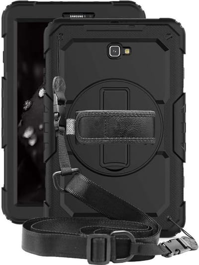 Hoes met ingebouwde Screenprotector | Inclusief Handriem en Schouderriem | Zwart | Extreme bescherming | Ideaal voor zakelijk gebruik Geschikt voor Samsung Galaxy Tab A 10.1 (2016)