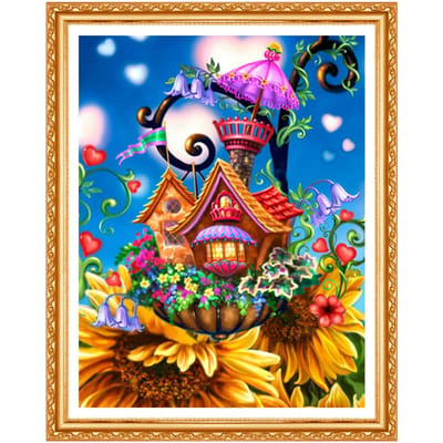 Broderie Diamant Diy Maison Tournesol Dessin Animé Peinture Diamant Ronde Complète Point de Croix Décor Mural 20X30CM blue