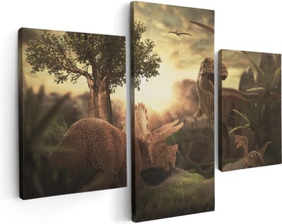 Artaza Canvas Schilderij Drieluik Dinosauriërs in de Natuur - Dino's  - 90x60 - Foto Op Canvas - Canvas Print