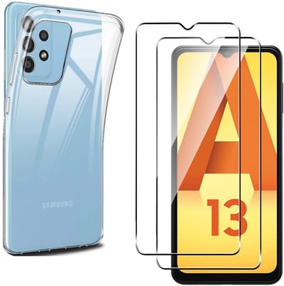 Hoesje Ultraslank geschikt voor Galaxy a13 4G backcover siliconen Transparant en 2 stuks ScreenProtector Gehard Glas