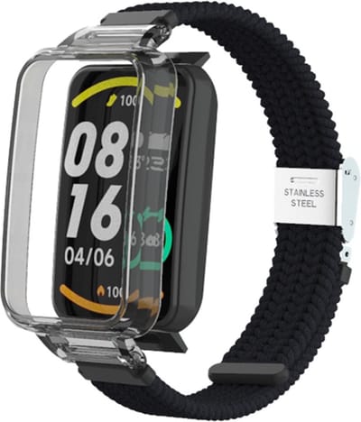 By Qubix - Braided nylon bandje met case - Zwart - Geschikt voor Xiaomi Smart Band 7 Pro / Mi Band 7 Pro bandje