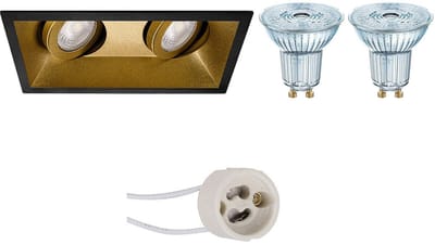 LED Spot Set - LEDVANCE Parathom PAR16 940 36D - Pragmi Zano Pro - GU10 Fitting - Dimbaar - Inbouw Rechthoek Dubbel - Mat Zwart/Goud - 3.4W - Natuurlijk Wit 4000K - Kantelbaar - 185x93mm