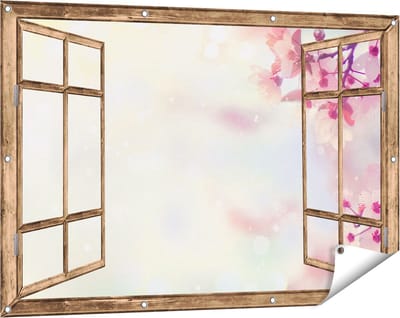 Gards Tuinposter Doorkijk Roze Bloesemboom met Zonneschijn - 120x80 cm - Tuindoek - Tuindecoratie - Wanddecoratie buiten - Tuinschilderij
