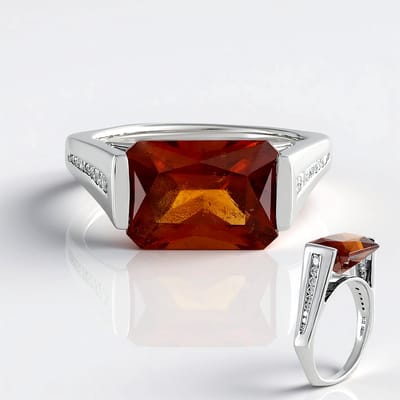 Cavill - Luxe Gouden Ring - 14k Witgoud - Hessoniet Granaat 8,82 ct - SI1 Diamanten 0,3 ct - Octagonale Radiant Edelsteen - Channel Zetting