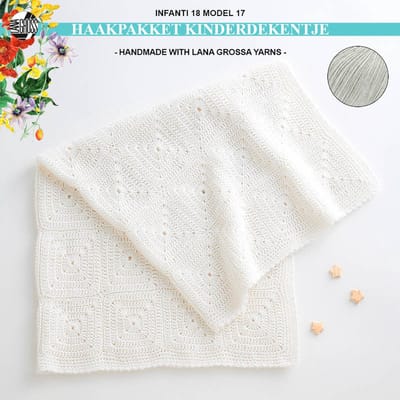 Haakpakket deken-kinderdekentje-kado-kraamcadeau-granny square met Ecopuno garen model 17 van Infanti 18-zilvergrijs