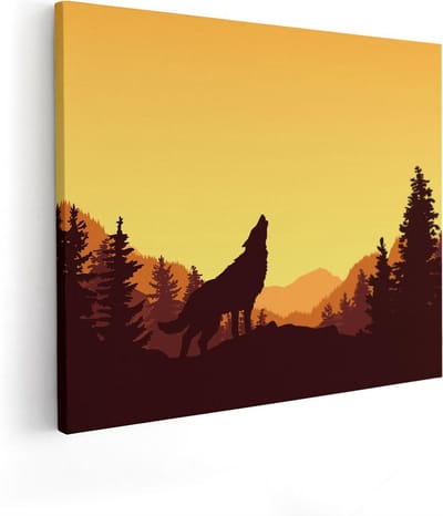 Artaza Canvas Schilderij Wolf - 100x80 cm - Groot - Wanddecoratie Zonsondergang - Muurdecoratie Bos - Schilderij Bergen