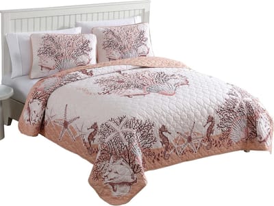 Famanu – Kustthema quiltset, King, kleurrijk met zeepaardjes en schelpen, onderhoudsvriendelijk