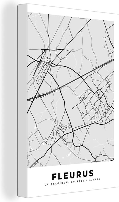 Canvas Schilderij Zwart Wit – België – Plattegrond – Stadskaart – Kaart – Fleurus - 20x30 cm - Wanddecoratie