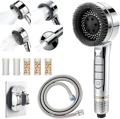 Douchekop met filter, hogedruk handdouche met 1,5 m slang, douchekopfilter, waterbesparend met filtratie, 4 straalsoorten, douchekop voor hard water, bacteriën, zware metalen