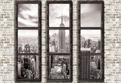 Fotobehang New York City Skyline Window View | XL - 208cm x 146cm | 130g/m2 Vlies