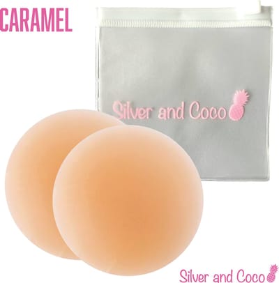 SilverAndCoco® - Tepelplakkers herbruikbaar / Zelfklevende Invisible Tepelcovers Nipple Covers / Onzichtbare Siliconen Tepel bedekkers BH Pads Silicone Nipple Stickers Dun - 2 stuks (1 set) met tasje / Getinte Huid - 8cm