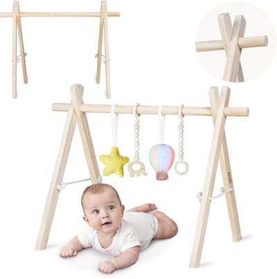 Lionelo Anis – Babygym Hout & Speelboog – Opvouwbare Montessori Speeltrapeze – Beukenhout, Afneembare Hangers – Activiteitencentrum Voor Baby’s & Pasgeborenen