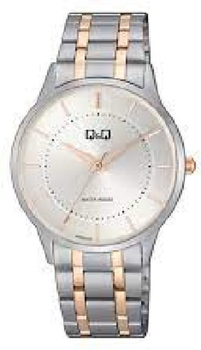 Q&Q QZ60J401Y - Horloge - Analoog - Heren - Mannen - Stalen band - Rond - Metaal - Streepjes - Zilverkleurig - Rosékleurig - 3 ATM