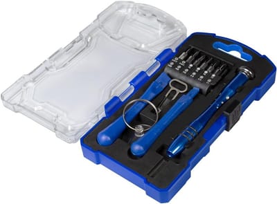 Schroevendraaierset 17-delig - Precisiebits set - Apparaten Repareren - Aluminium Handgreep - 15 cm Lengte - Blauw Zilver