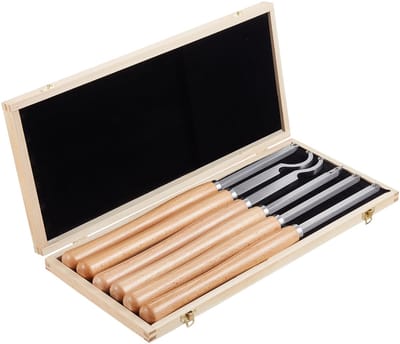 6-delige houtdraaigereedschapsset, inclusief voorbewerkings-, afwerkings- en detailgereedschap met houten handgrepen, hardmetalen inzetstukken in diamant-, ronde en vierkante vormen, houten opbergdoos, ideaal voor verschillende vaardigheidsniveaus