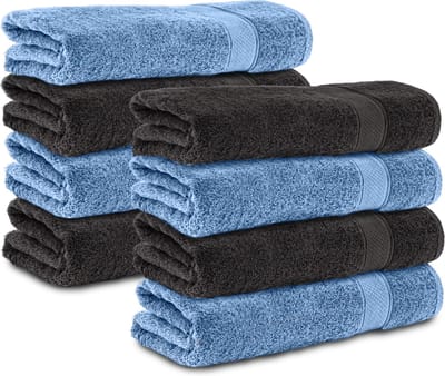 Komfortec 8x Handdoek 70x140 - 100% Katoen – Handdoekenset - Zacht - Zwart-Lichtblauw