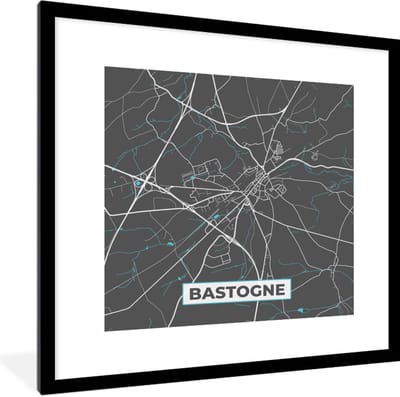 Fotolijst incl. Poster - België – Bastogne – Stadskaart – Kaart – Blauw – Plattegrond - 40x40 cm - Posterlijst