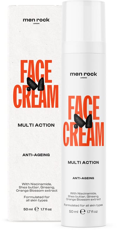Nu 1 + 1 gratis !! Multi Action Gezichtscrème van Men Rock London. Unieke Anti-veroudering en Anti-Acne 50ML. 95% natuurlijke ingrediënten