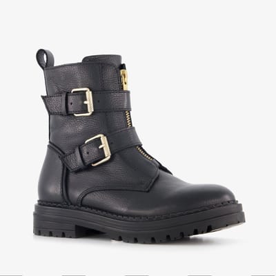 Groot leren meisjes biker boots zwart - Maat 32